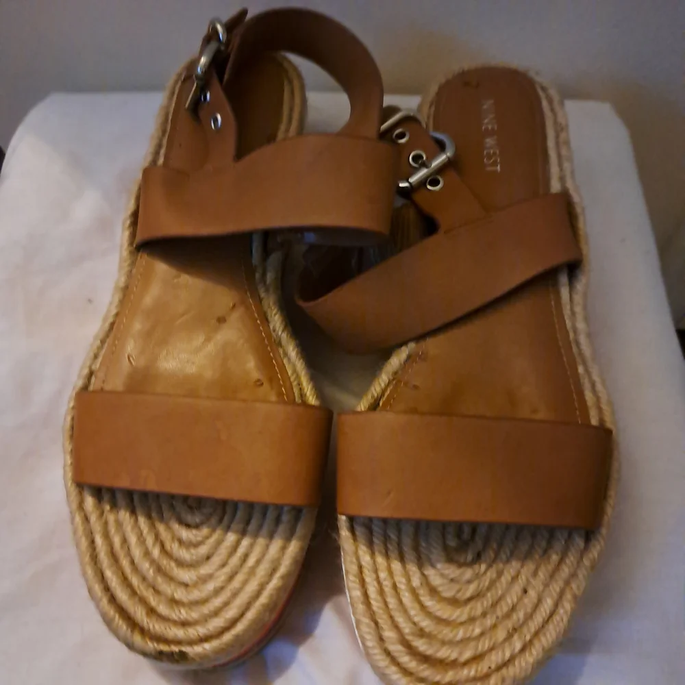 NINE WEST Womens Tan Leather Espadrille‎ Platform Sandals Size 12 Wedge